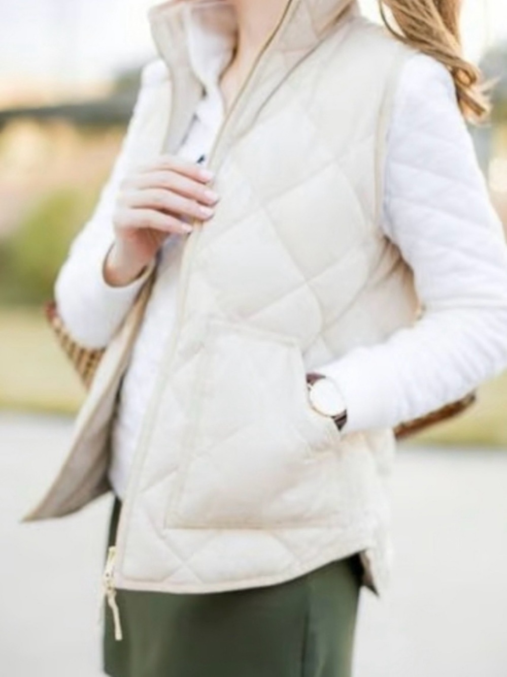 J. Crew Quilted Cream Vest with Zip & Pockets
